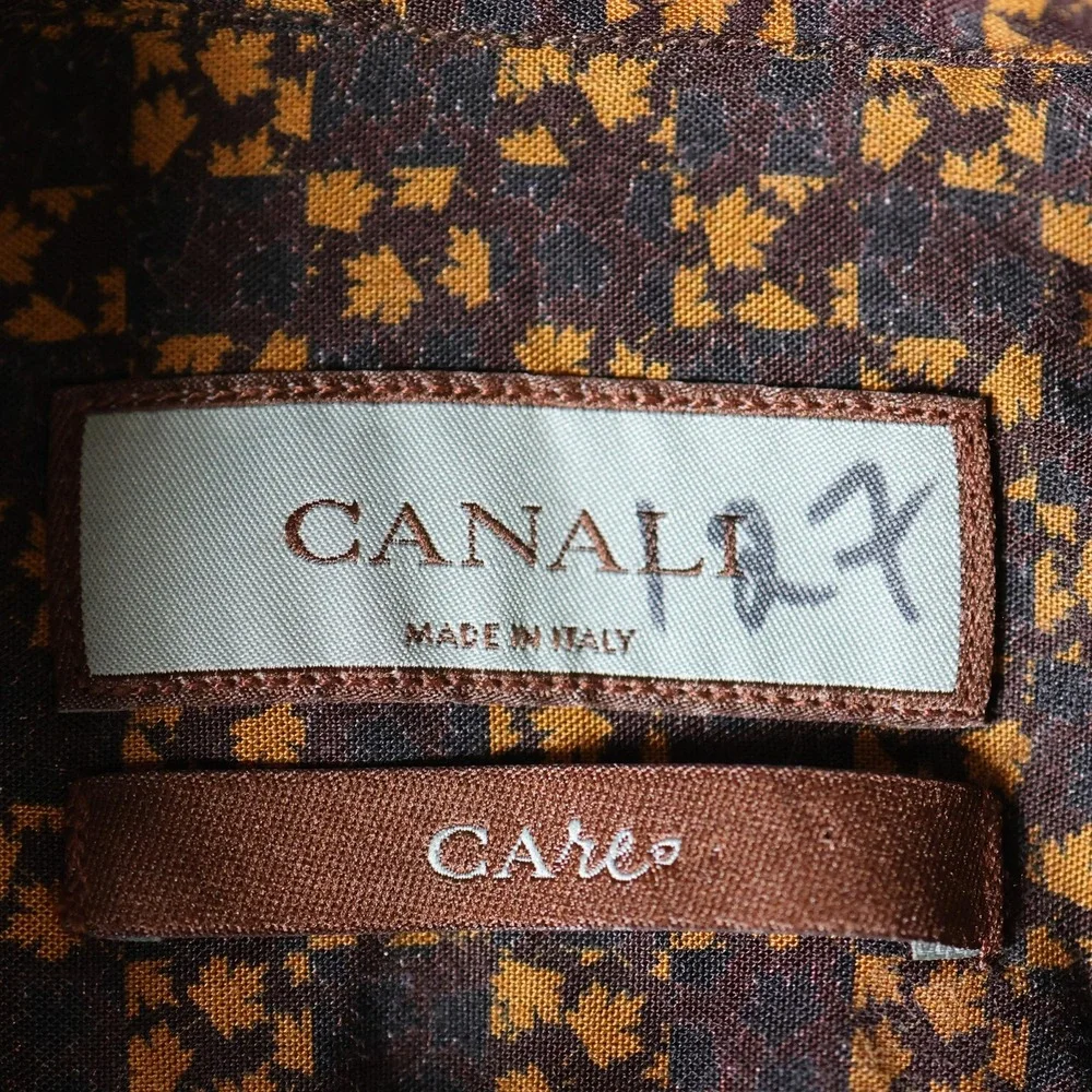 Canali Shirt Mens Large Brown Geometric Leaf Pattern Long Sleeve Made In Italy